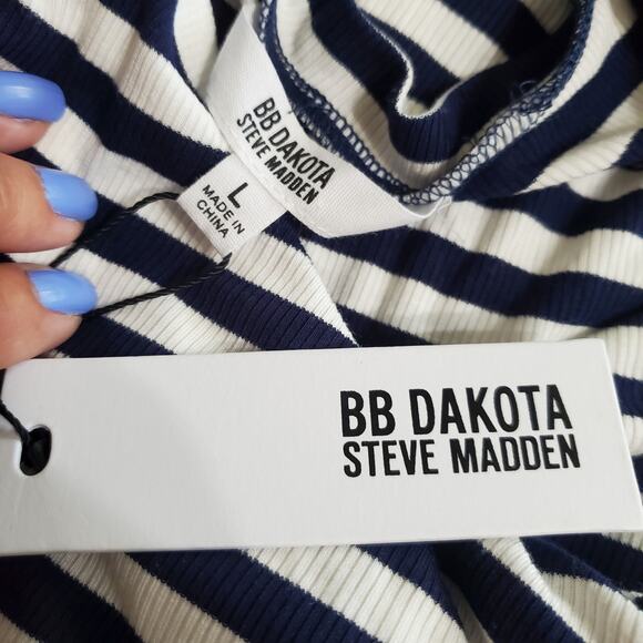 BB Dakota by Steve Madden NWT Navy Cream Stripe Tank Bodycon Dress Ruching Large - Picture 8 of 10